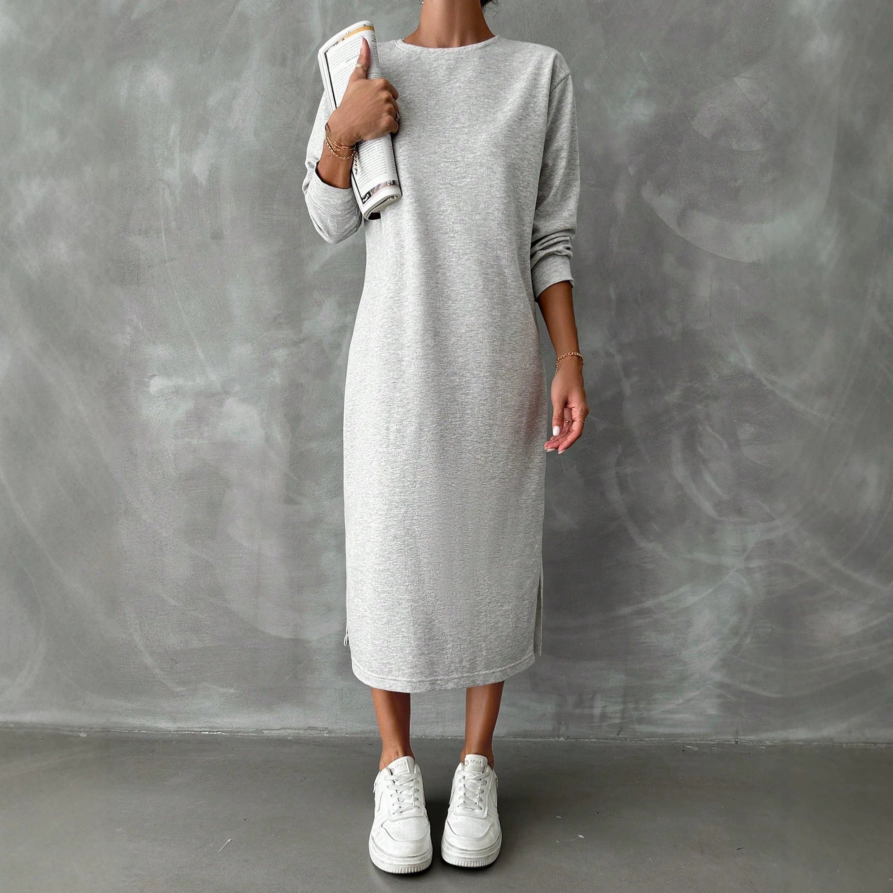Solid Color Long-Sleeved Dress Women Spring Autumn Idle Drop Shoulder Sweater Dress All Matching Base Straight Midi Dress