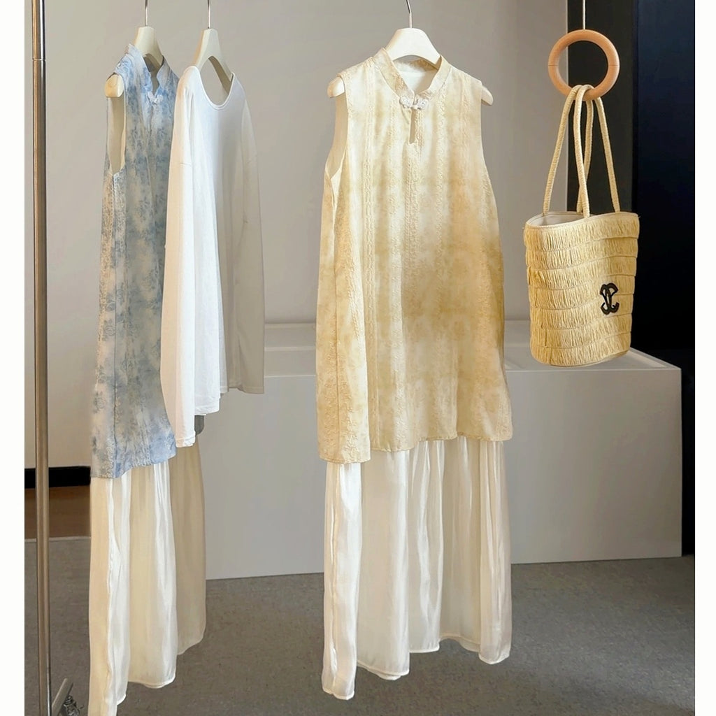 High Grade Buckle Jacquard Stand Collar Sleeveless Dress Women Summer Faux Two Pieces Patchwork Dress