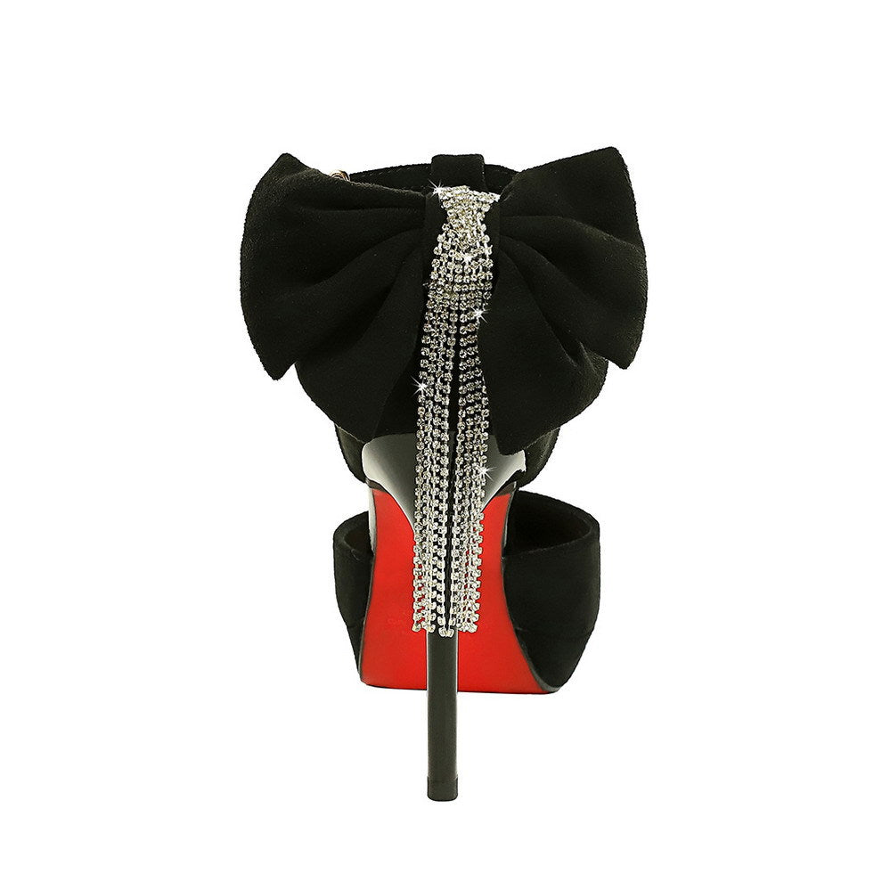 Cocktail Black Platform Pointed Toe Buckle Suede Back Bow Rhinestone Sandals