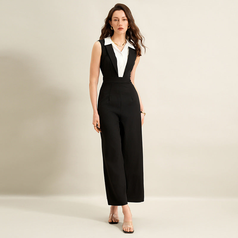 Combinaison d'été deux pièces en faux tissu noir et blanc, sans manches, à col rabattu, avec coutures apparentes (sans ceinture)