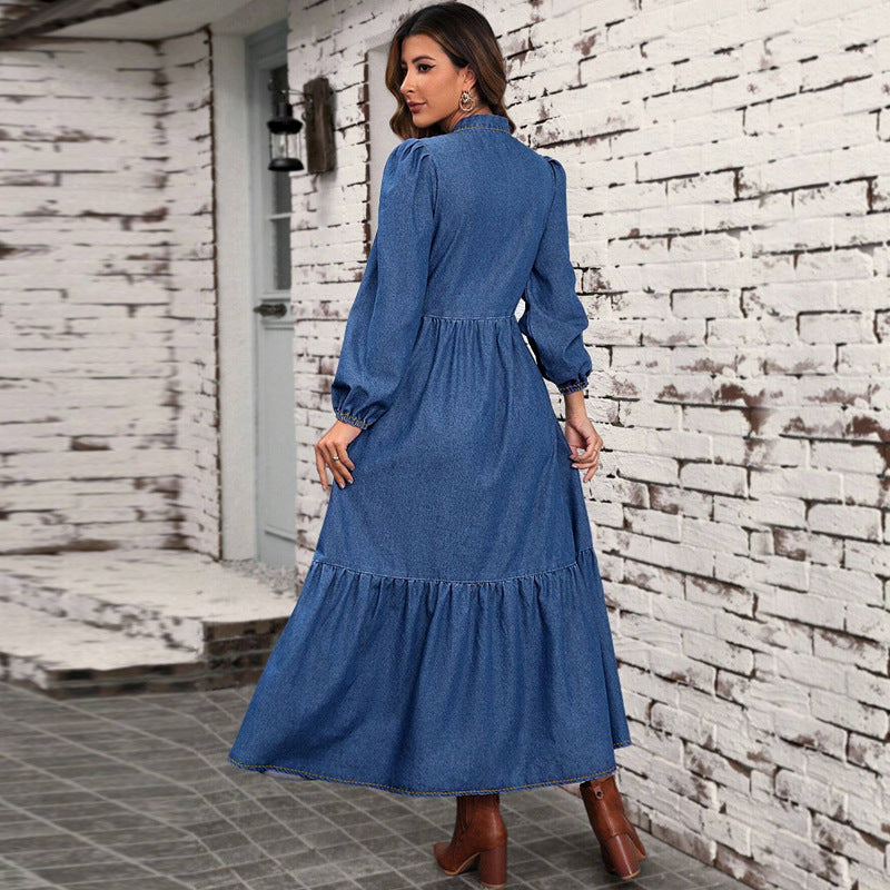 Vestido vaquero de manga larga con cintura para mujer