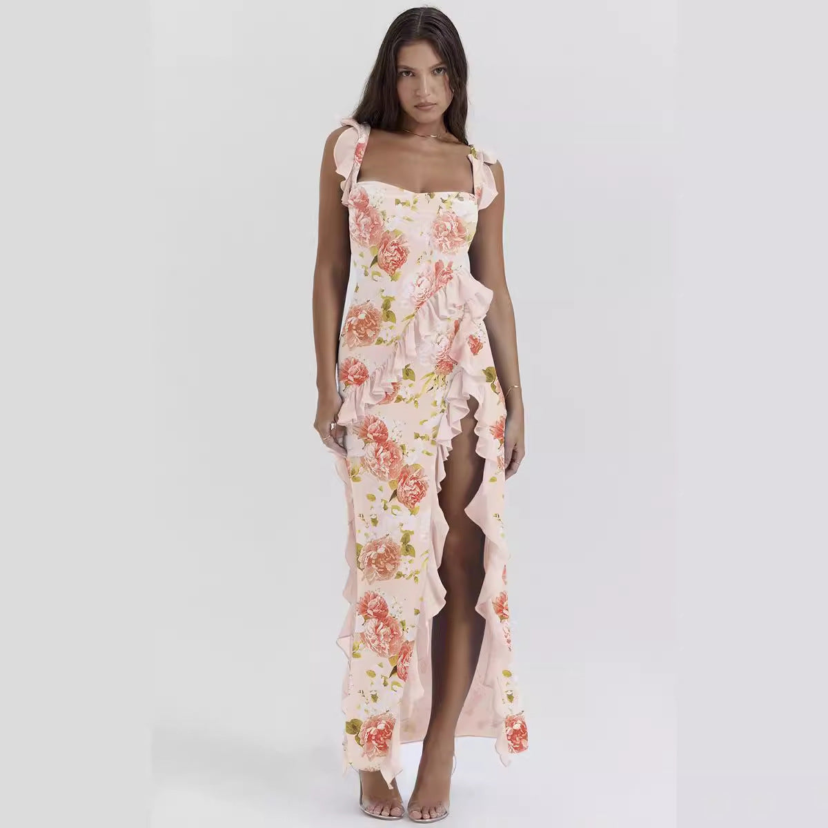 Summer French Strap Wooden Ear Sexy Split Printing Dress
