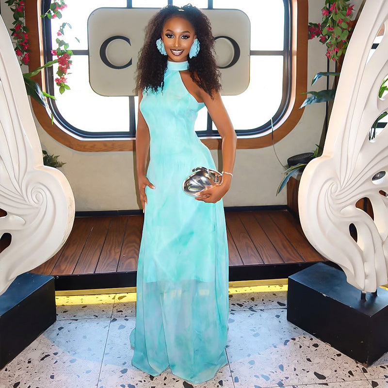 Women Clothing Slimming Slightly Transparent Holiday Casual A line Dress Halter Stand Collar Solid Color Maxi Dress