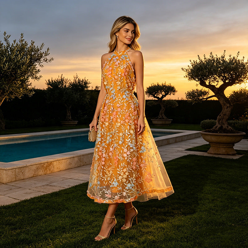 Seaside Vacation Maxi Dress Summer Embroidered Halter Light Luxury High Grade Slim Dress Women