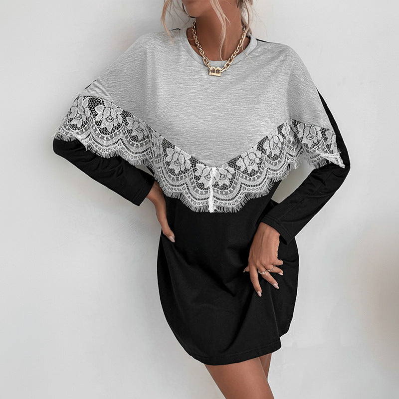 Autumn Casual Dress Loose round Neck Long Sleeve Color Matching Sweater Dress