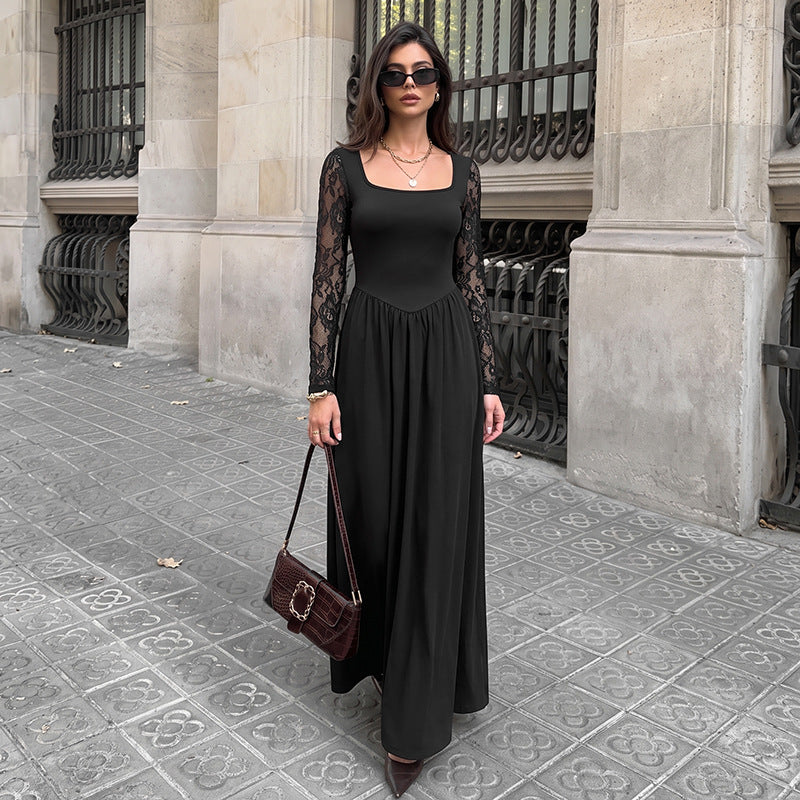 Elegant Lightly Mature Black Square Collar Lace Long Sleeve Dress