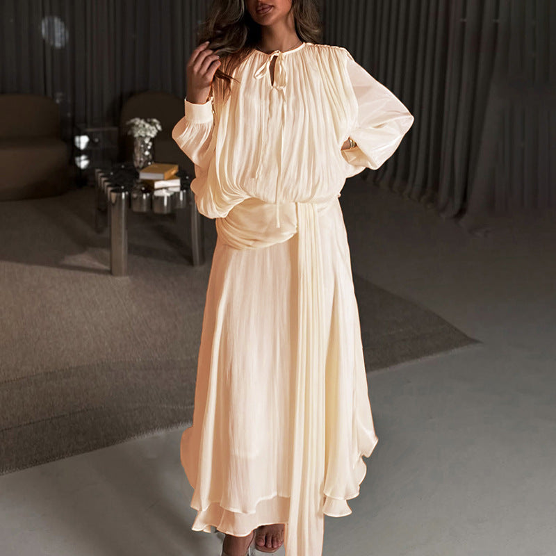 Elegant Fairy Dress round Neck Waist Controlled Lace up Ribbon Dress Women Summer High Sense