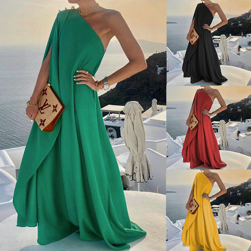 Summer Women Clothing Graceful Fashionable Solid Color French Loose One-Shoulder Maxi Dress