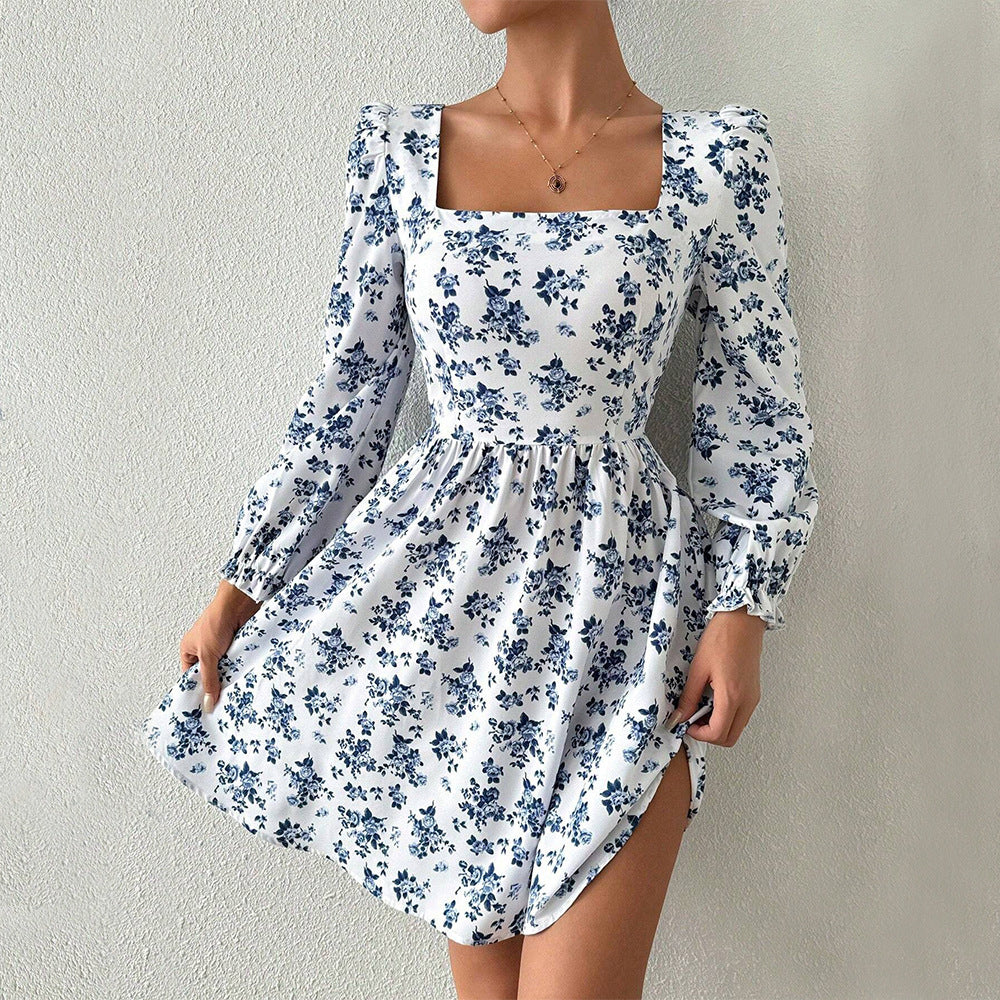 Robe élégante à col carré français pour femme, automne-hiver, taille haute, dos nu, laçage floral.