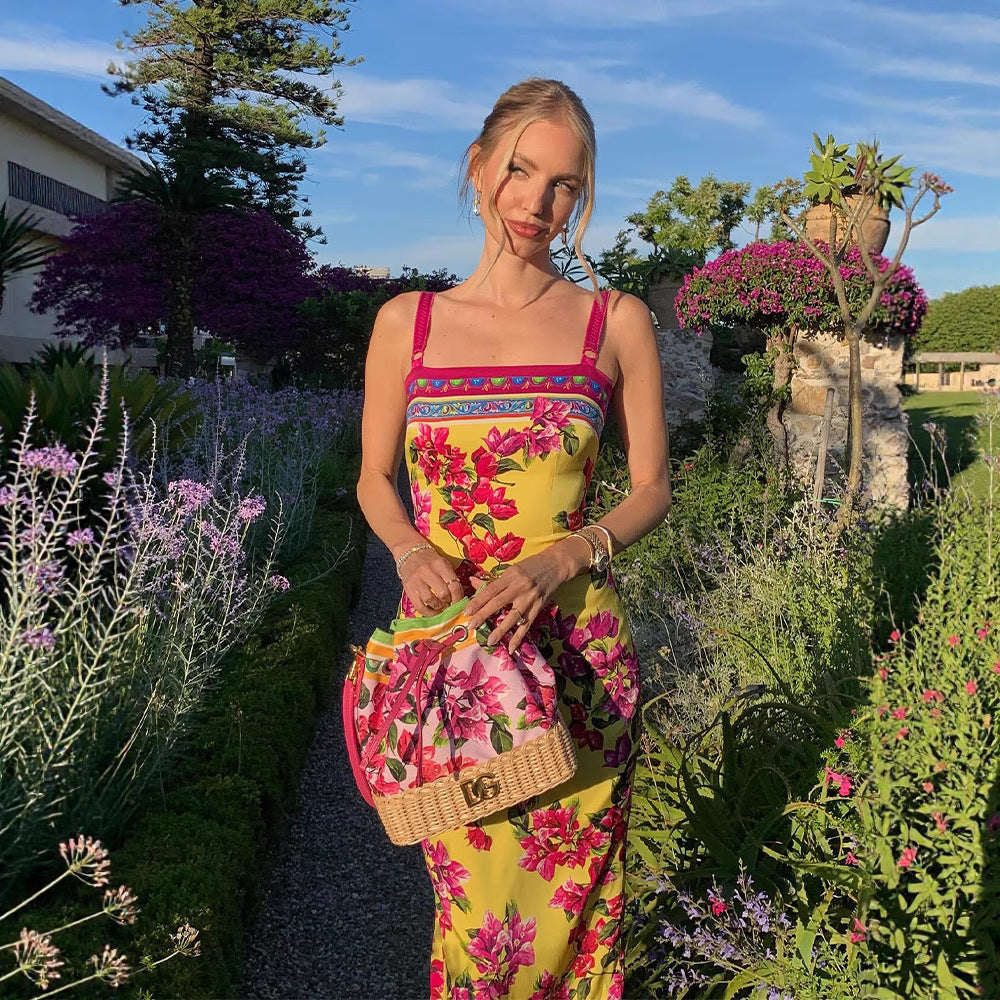 Summer Ethnic Retro Printed Slim Fit Sheath Sling Dress Maxi Dress for Women