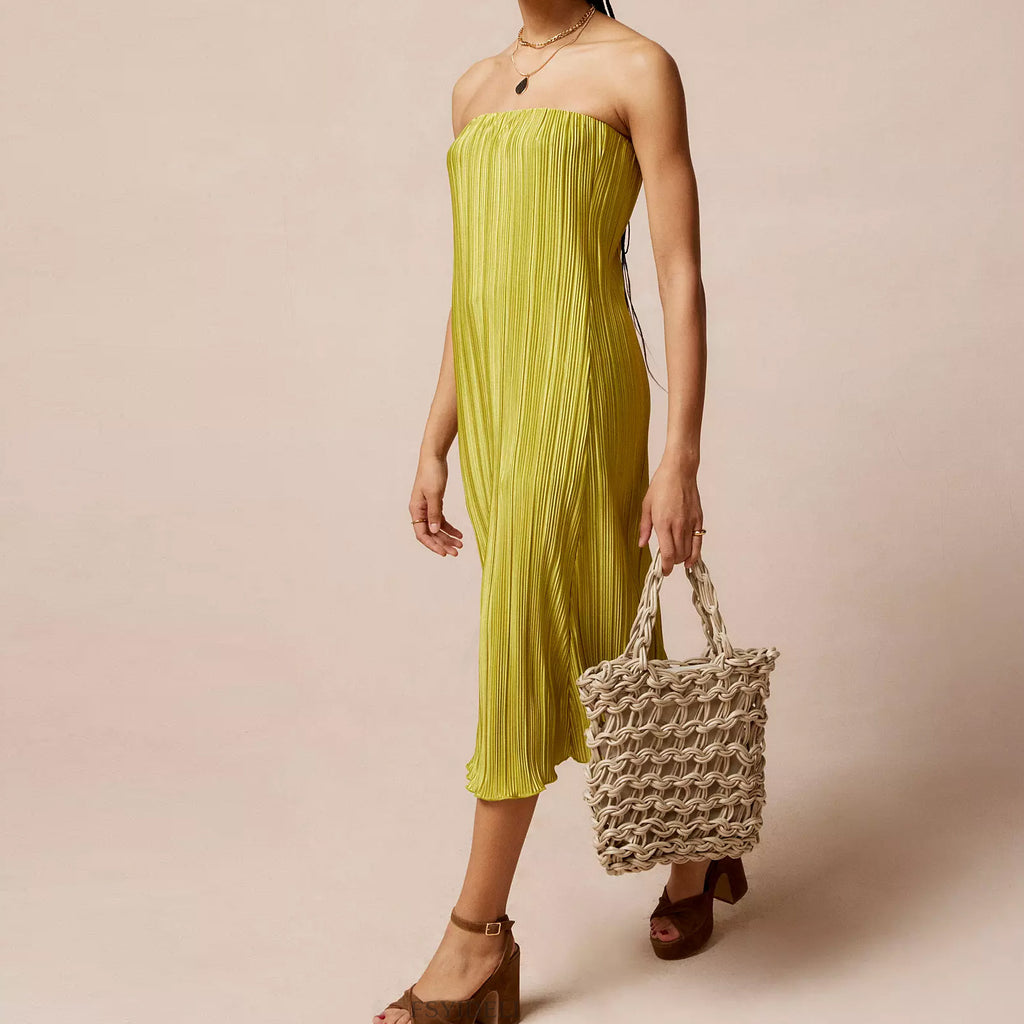 Robe longue bustier plissée unie dos nu, robe d'été décontractée et ample pour femme