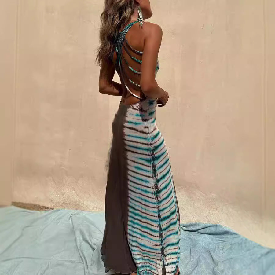 Dress Positioning Printing Backless Lace Up Sexy Dress