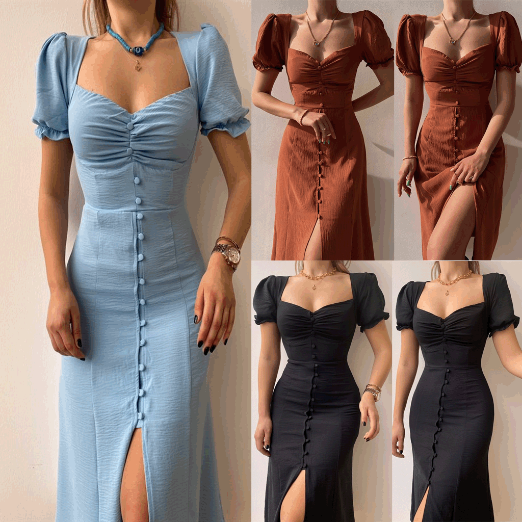 Spring Summer V-neck Single-Breasted Elegant Midi Dress