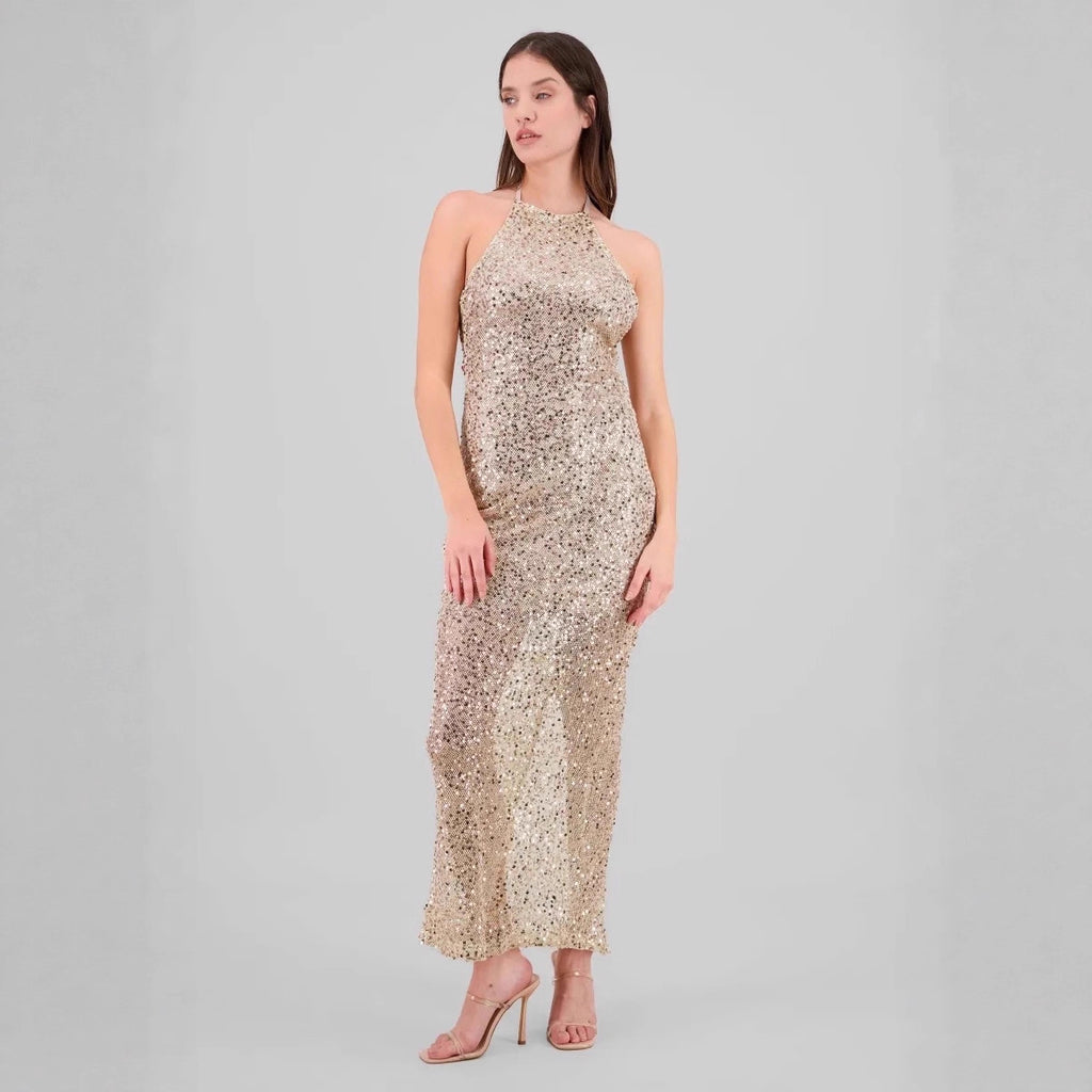 Vestido de noche de cóctel elegante, ajustado, con lentejuelas, espalda descubierta y abertura en la cadera.