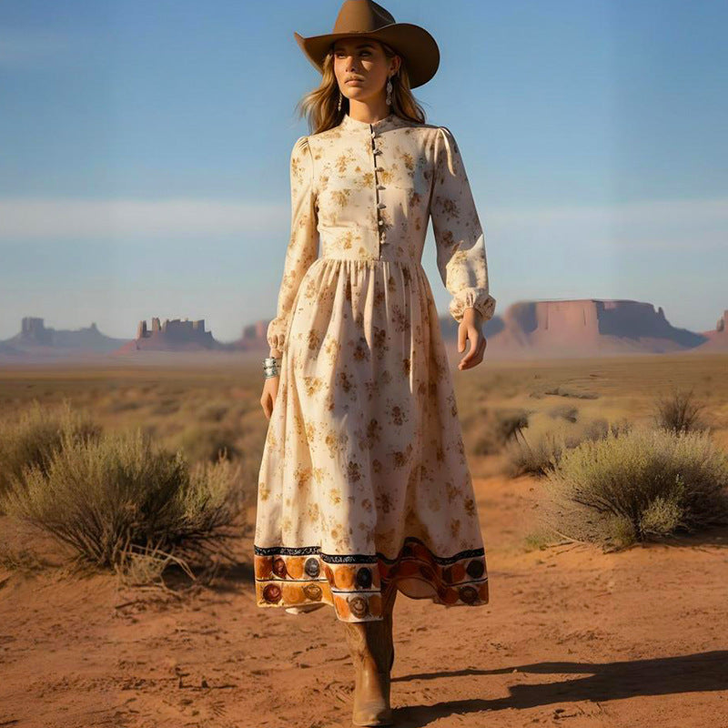 Women Vintage Floral Print Long Sleeves Maxi Dress