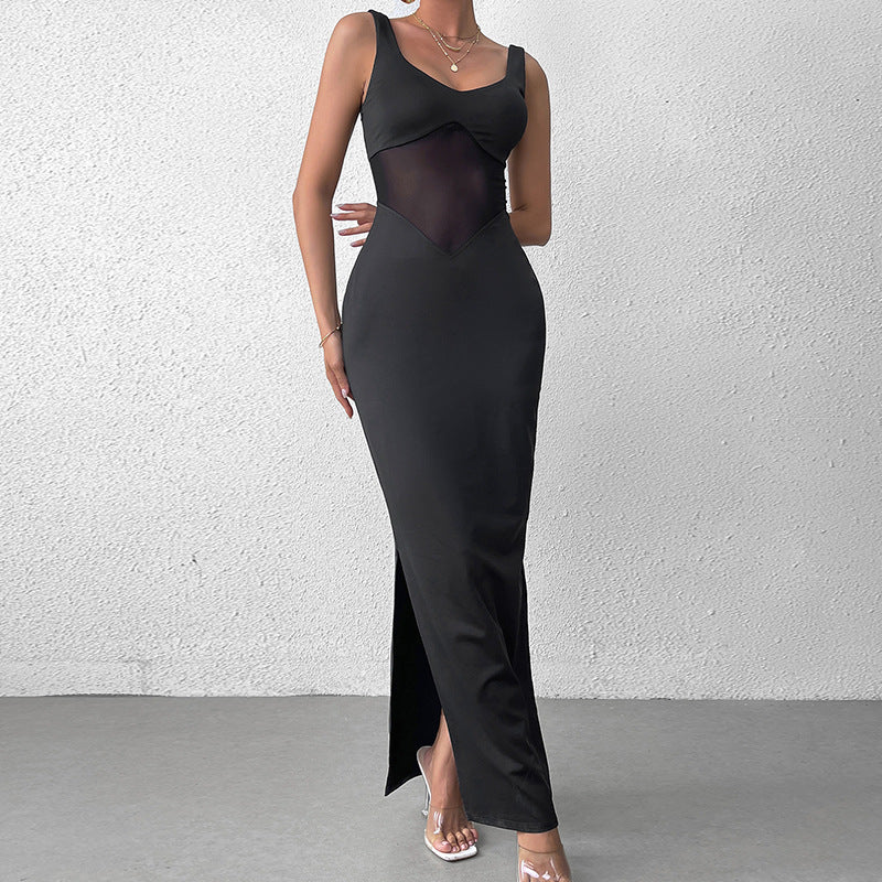 Robe nuisette sexy en soie de lait et maille fendue dos nu, robe maxi de soirée