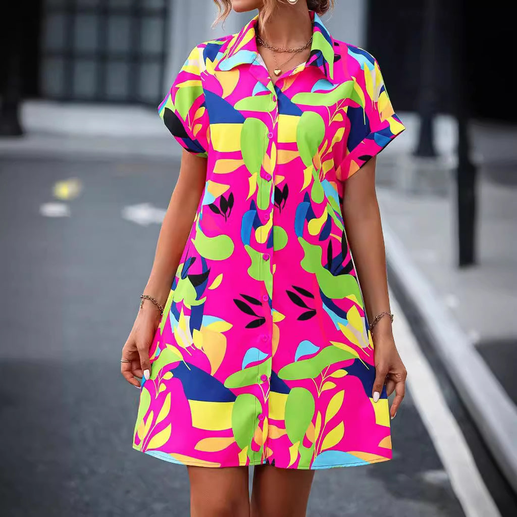 Robe-chemise d'été pour femme, imprimée de fleurs colorées, cardigan et manches courtes