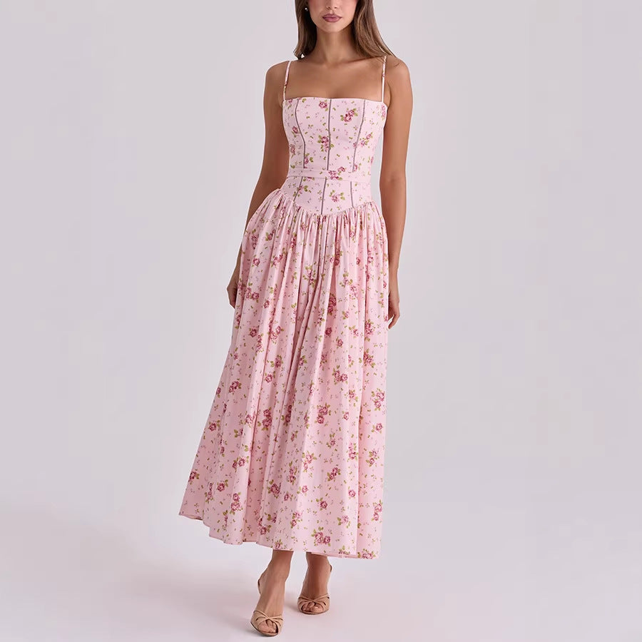 Spring Summer Printed Zipper Strap Dress Casual Holiday Dress