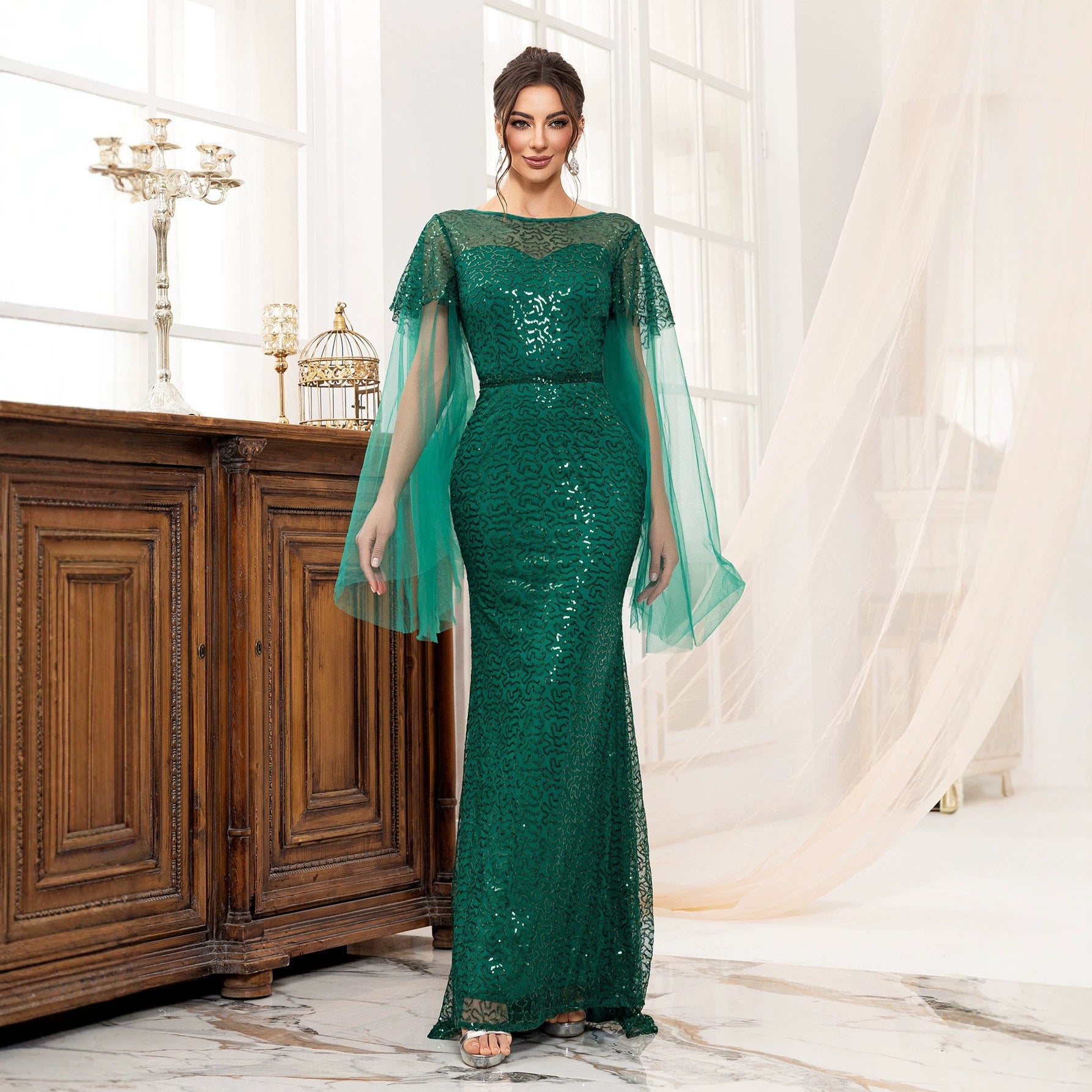 Cocktail Elegant Long Sleeveless Sequined Atmosphere Queen Fishtail Evening Dress