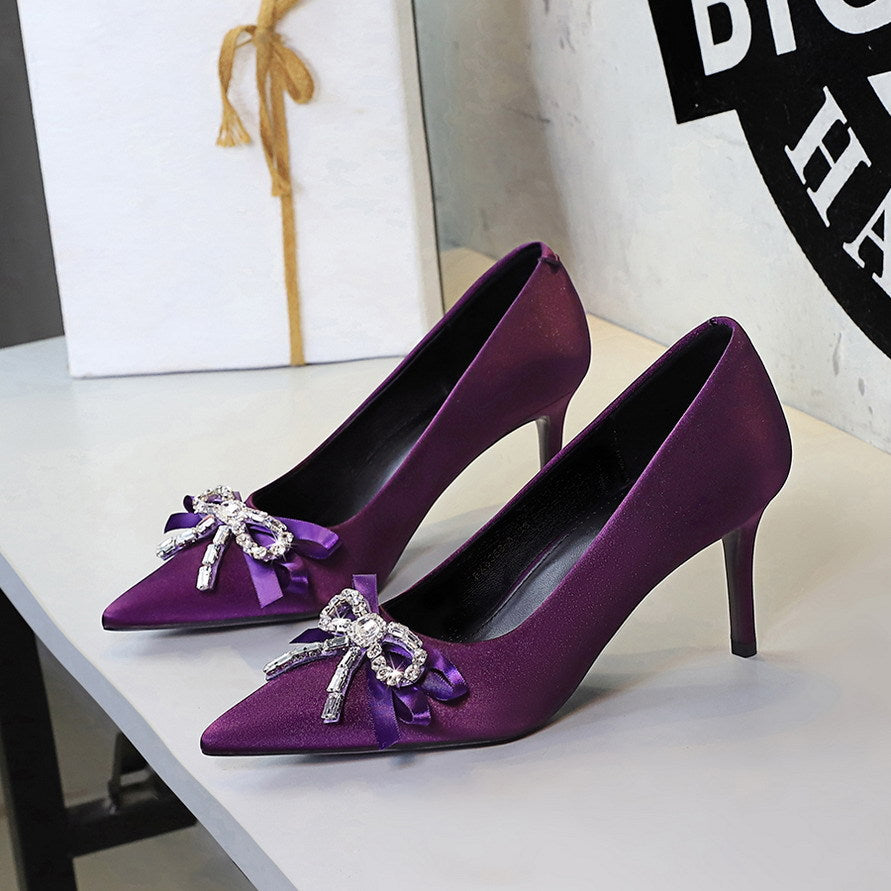 French Elegant Beautiful Rhinestone Ribbon Bow Slip on Satin Stiletto High Heel Shoes Women