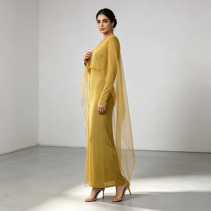Elegant Graceful Dress Autumn Niche round Neck Mesh Stitching Solid Color High Waist Maxi Dress