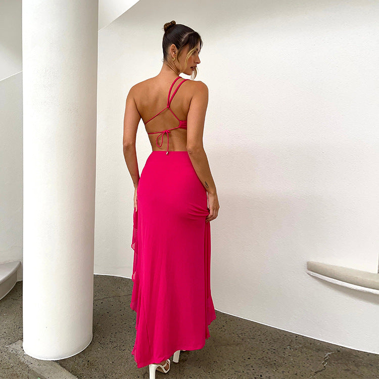 Robe d'été à bretelles françaises pour femme, robe maxi asymétrique fendue et à volants, sexy