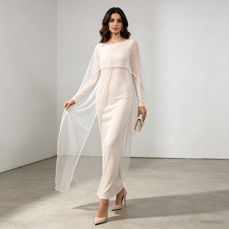 Elegant Graceful Dress Autumn Niche round Neck Mesh Stitching Solid Color High Waist Maxi Dress