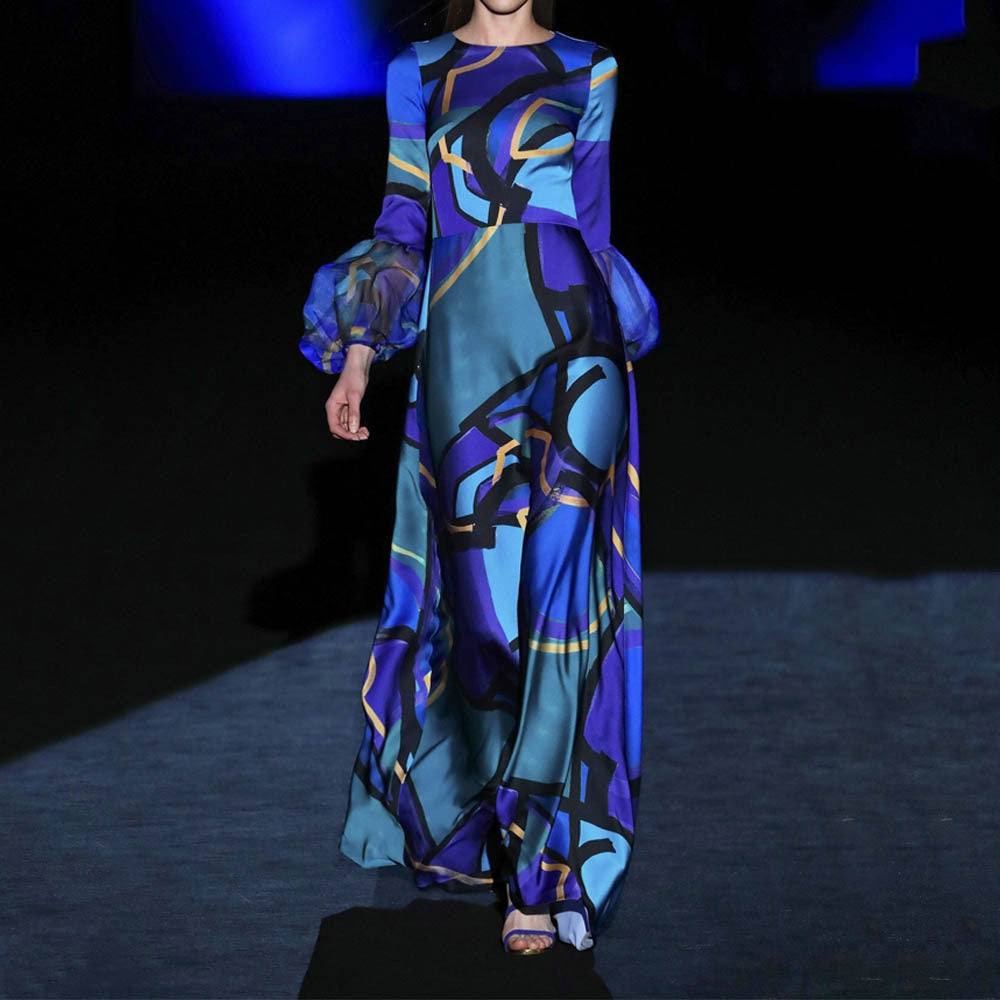 Vestido largo de oficina con estampado de Hepburn, color azul, cintura media