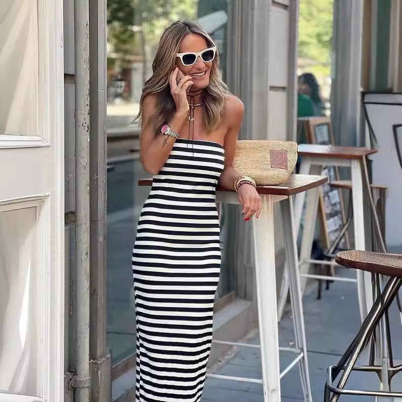 Striped Dress Summer Striped Wrapped Chest Split Sheath Dress