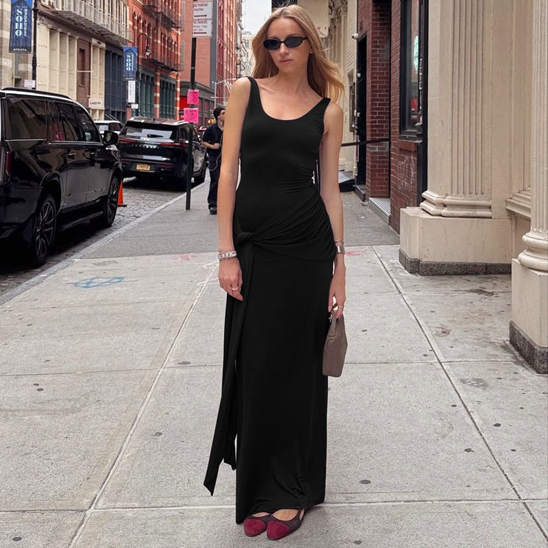 Robe moulante tendance pour femme, couleur unie, col en U, sans manches, taille cintrée et lacée