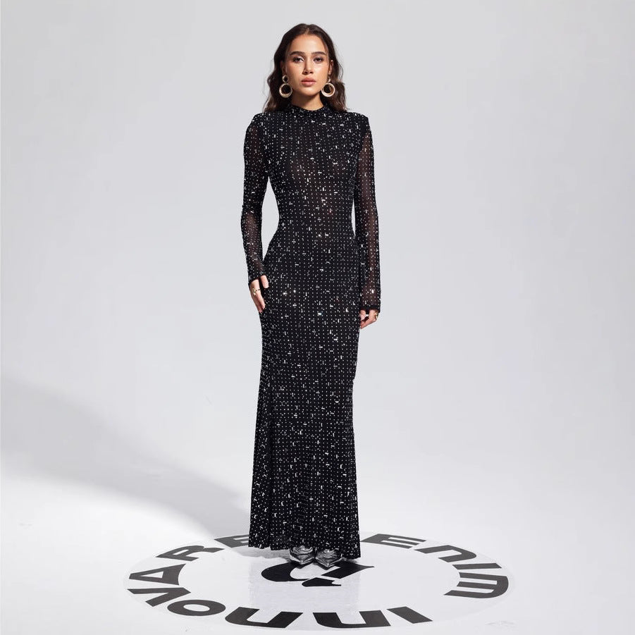 Arrival Black Dress Sexy Strap Rhinestone Tight Long Sleeve Dress