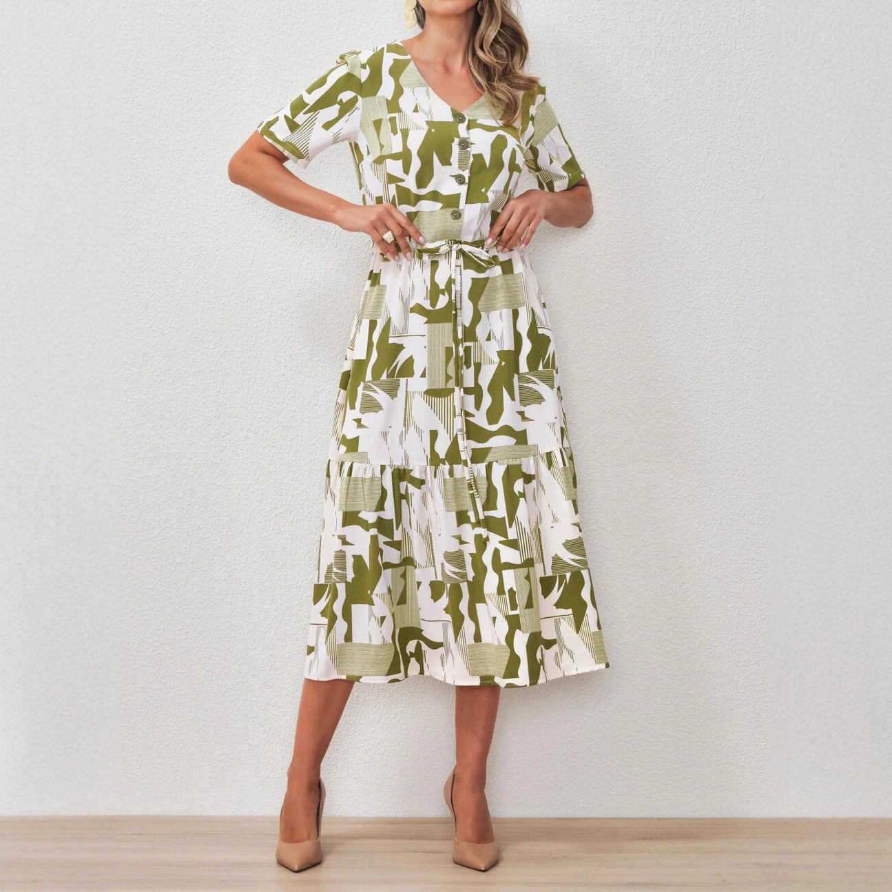 Women Elastic Waisted Lace Side Slit Midi Dress