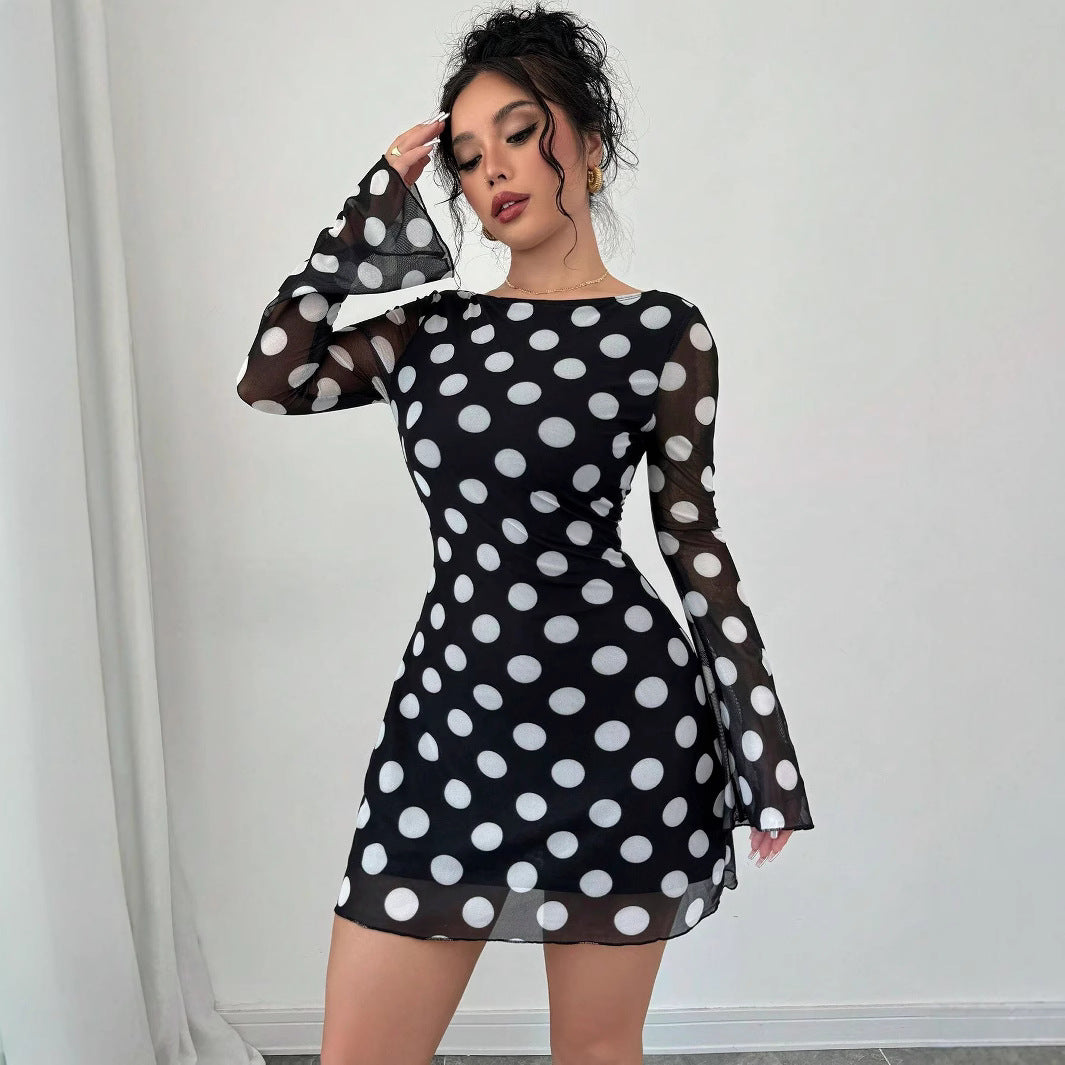 Spring Summer Lady Sexy Polka Dot Backless Mesh Flare Sleeve Mini Dress