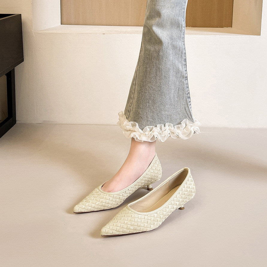 Professional Low Heel Comfortable Women Shoes Woven Suede Pointed Slip on Shallow Mouth Pumps