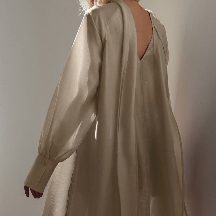 Robe femme à col montant et cravate, manches longues, fente latérale, coupe ample et décontractée
