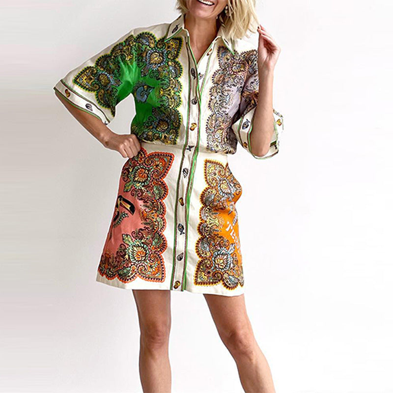 Summer Women Clothing Collared Single Breasted Long Sleeve Printed Dress