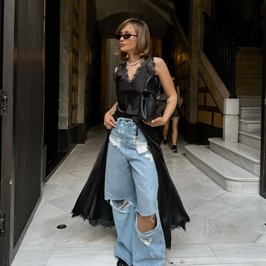 Vestido negro misterioso con escote en V y encaje sexy de verano, vestido con abertura rusa, ropa para mujer