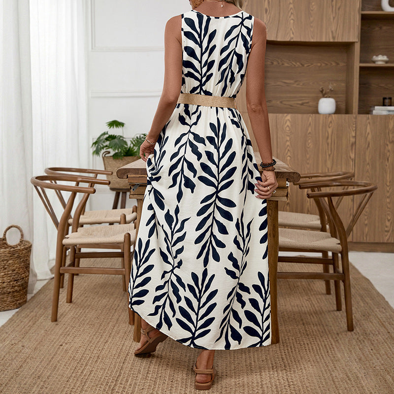 Vacation Maxi Dress with Belt Sleeveless Leaf Printed Dress