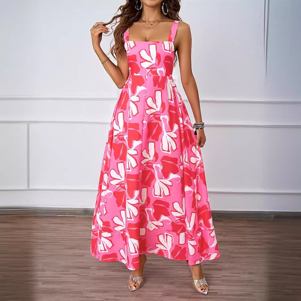 Robe d'été élégante à bretelles et imprimé floral, style trapèze, décontractée et à bretelles pour femme
