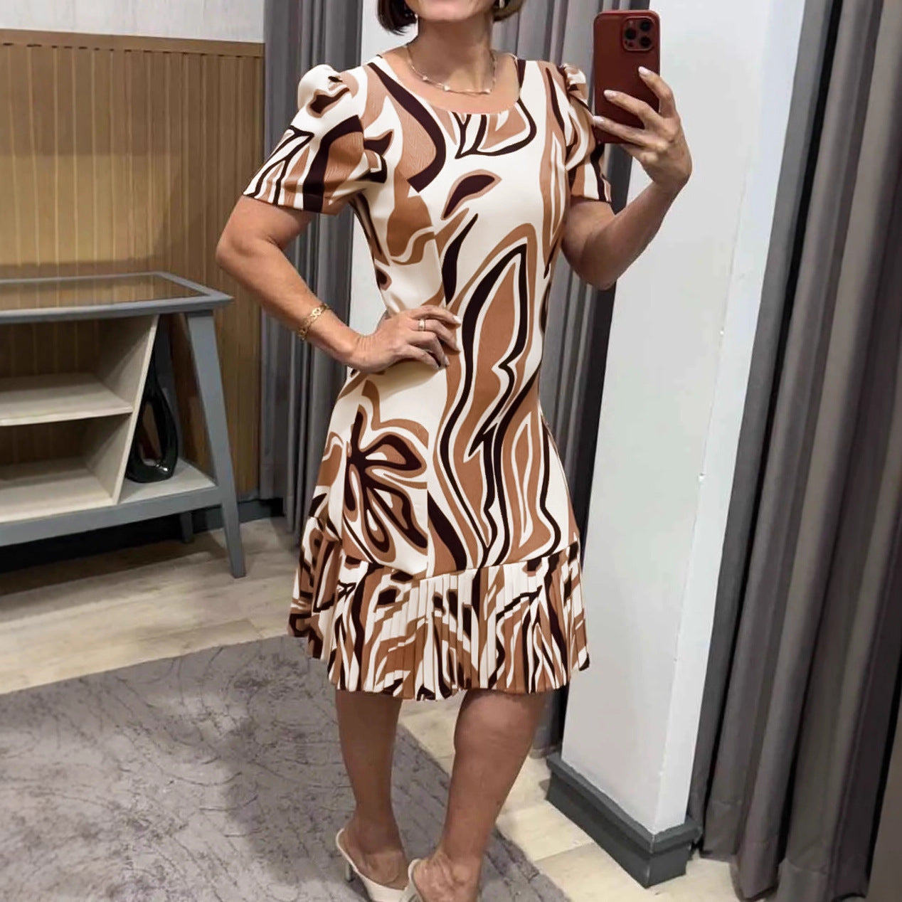 Robe élégante et décontractée pour femme, col rond, manches courtes, coupe trapèze, plissée