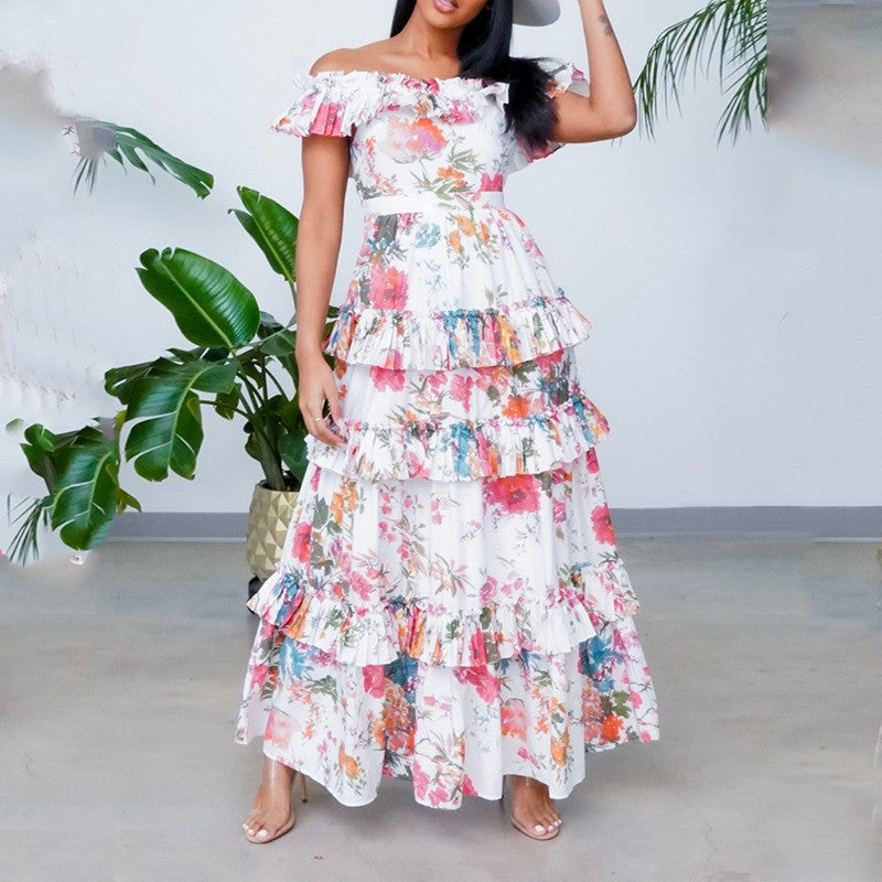 Robe longue d'été imprimée à volants, col rond et manches longues pour femme