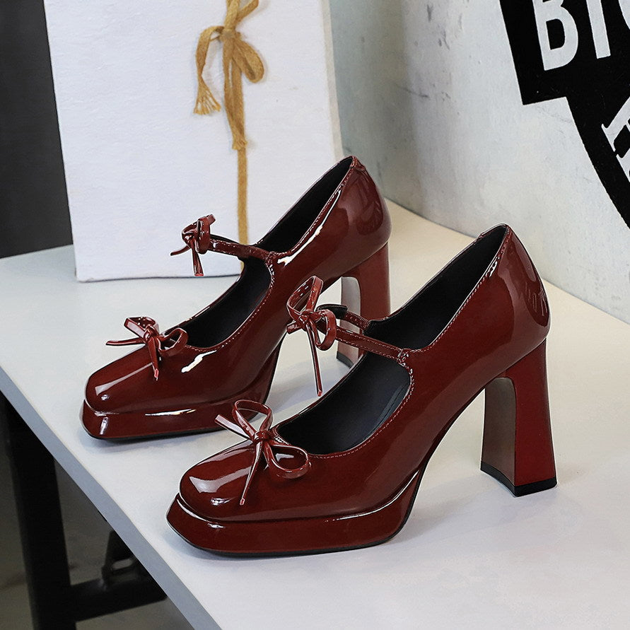 Sexy Patent Leather Bow Buckle Waterproof Platform Super High Heel Not Tired Feet Shoes