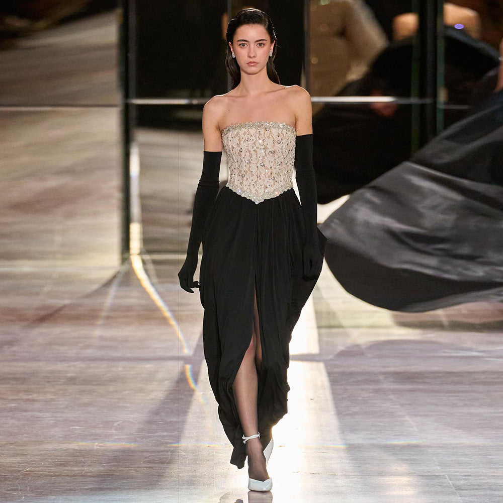 Sexy Women Lace Bead Strapless Dress High Elastic Split Long Dress