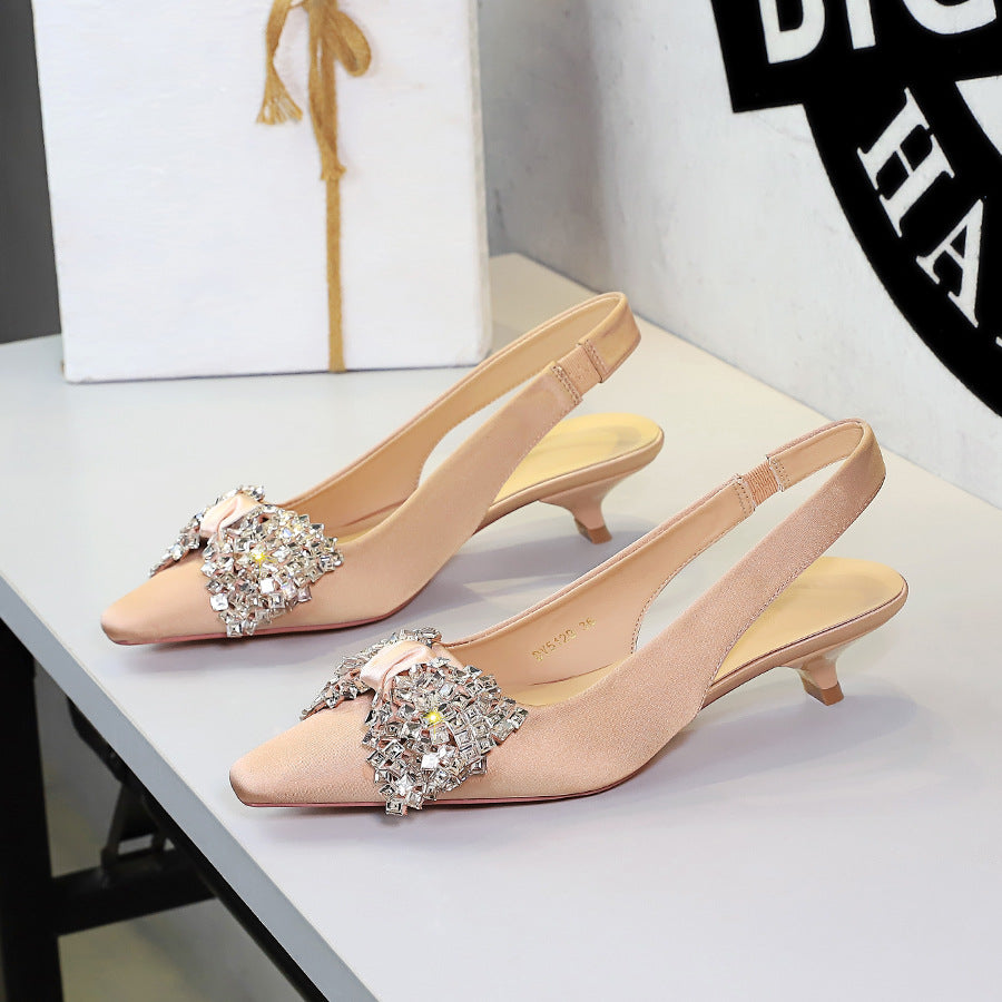 Diamond Big Bow Satin Sexy Back Empty Back Strap Low Heel Not Tired Foot Sandals