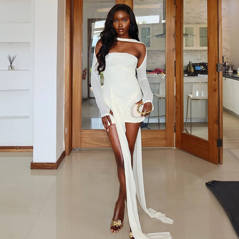 Robe asymétrique sexy fendue, col montant, manches longues, coupe slim, couleur unie.
