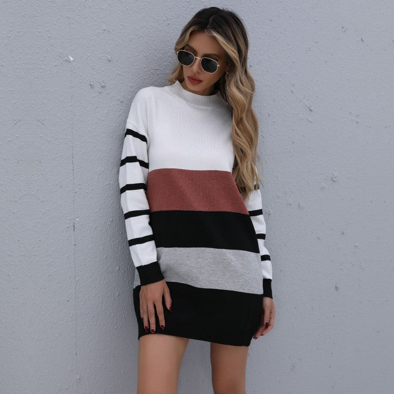 Vêtements Féminins Automne Hiver Couleur Assortie Tendance Longue Robe Pull en Maille de Base