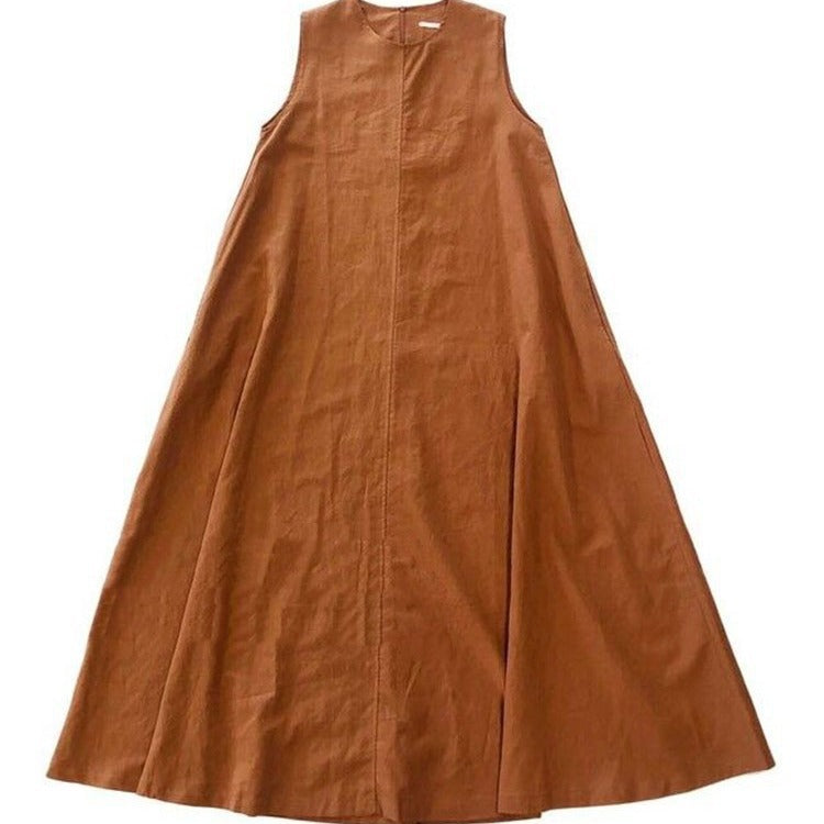 Cotton A line Loose Korean Dress Casual Minority All Match Solid Color Sleeveless round Neck Dress Women Clothing