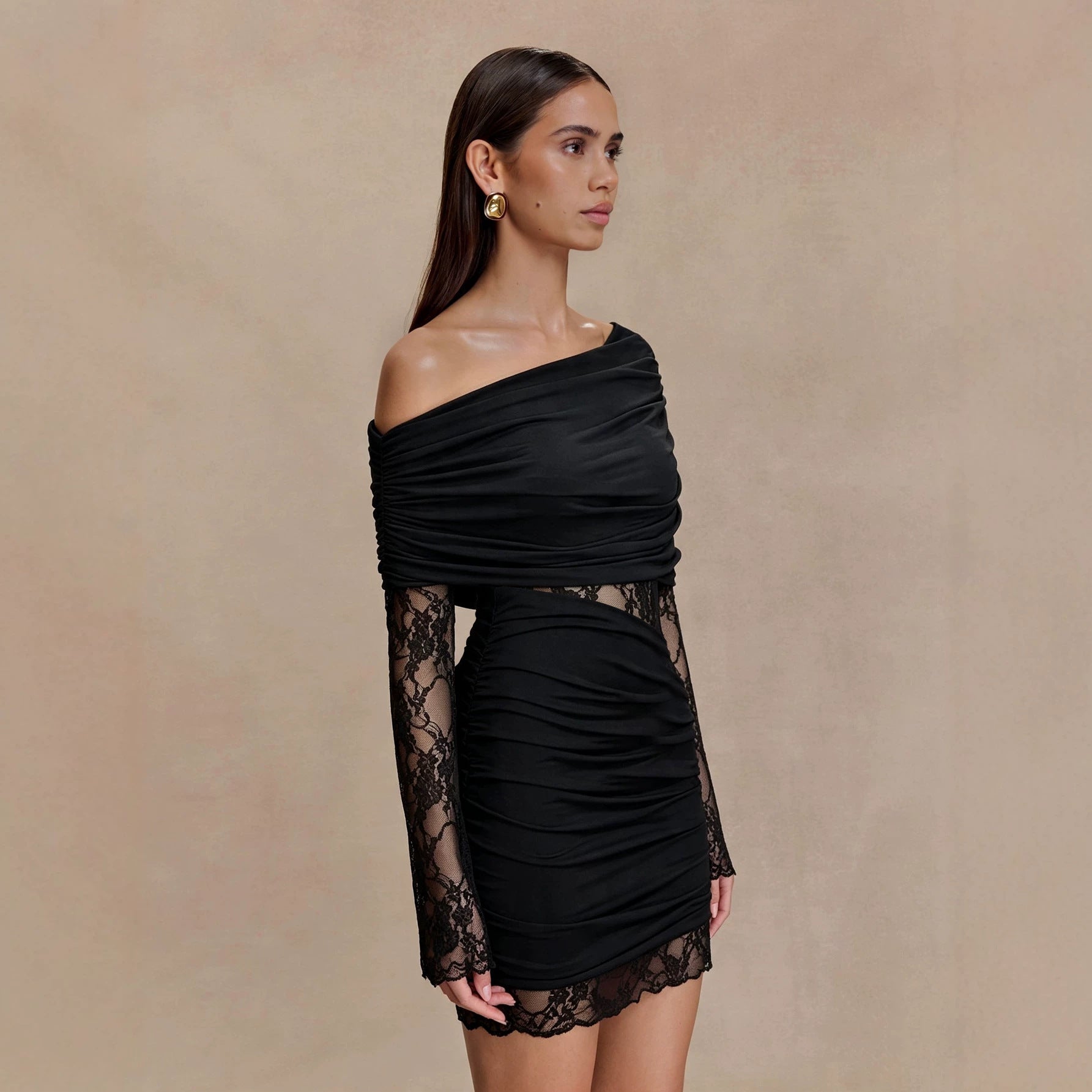 Sexy Shoulder Long Sleeve Dress Women Lace Patchwork Waist Slimming Slimming Hip Dress