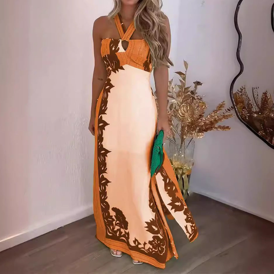 Women Clothing Summer Halter Sexy Color Block Vacation Beach Long Printed Dress
