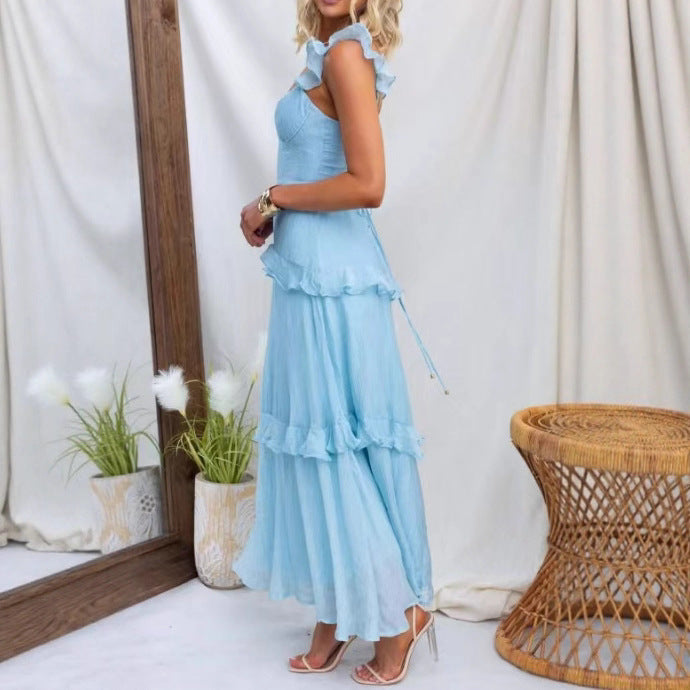 Vestido elegante con volantes de color liso para mujer de verano